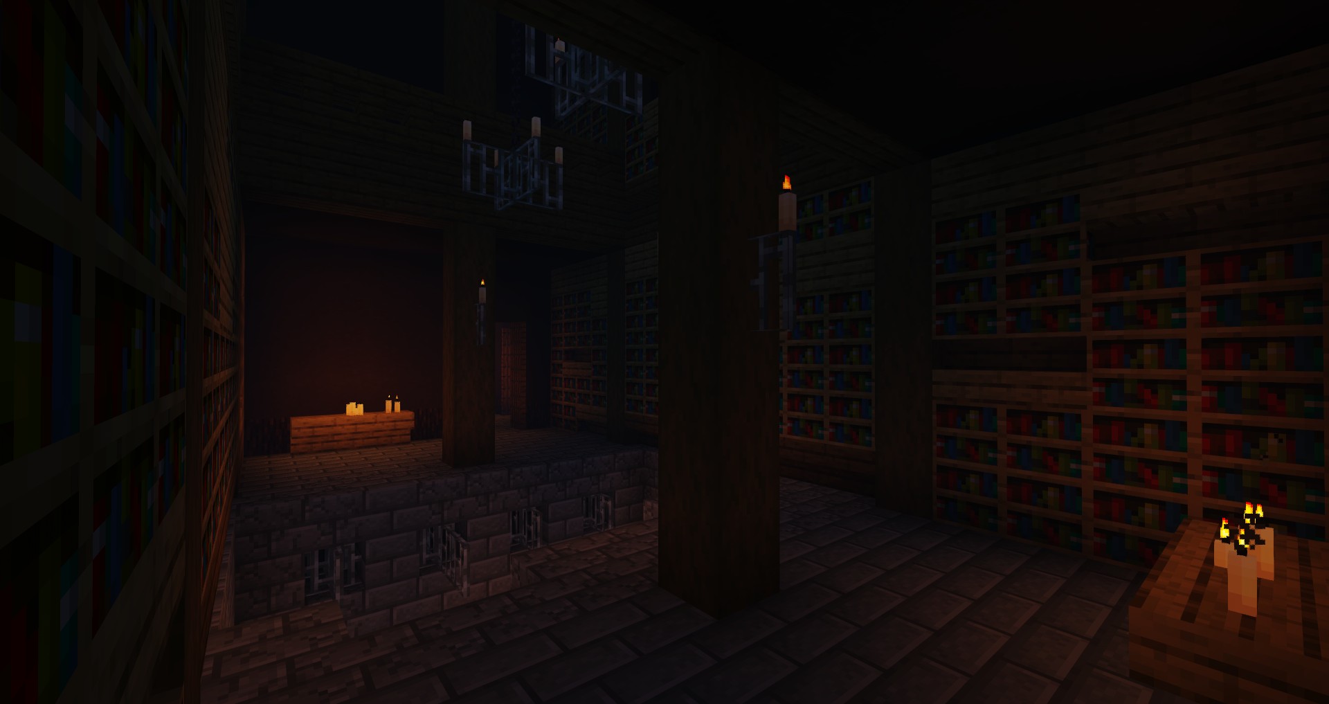 Bibliothek mit B�cherregalen und zerst�rtem Steinboden